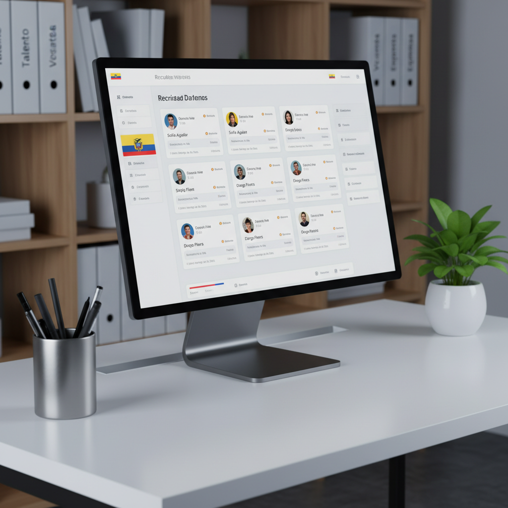 A close-up of a meticulously organized recruitment dashboard on a large, frameless computer monitor, showing Spanish-language candidate profiles, skill tags, and status indicators in a clean interface styled with Ecuador’s flag colors subtly integrated. The monitor stands on a minimalist white desk, accompanied by a metal pen holder filled with neatly arranged pens and a small, healthy green desk plant in a white ceramic pot. Soft, cool-toned studio lighting from the side creates gentle shadows and a professional, focused mood. The background fades into a tasteful blur of office shelves with binders labeled “Talento”, “Vacantes”, and “Empresas”. Photographic realism, shallow depth of field, and a slightly elevated angle highlight precision in talent management and data-driven hiring.