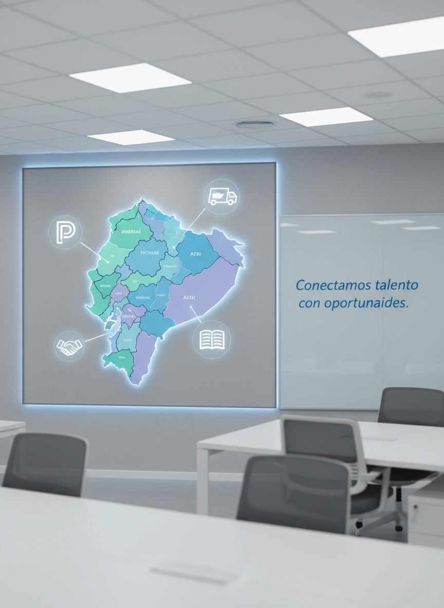 A large, wall-mounted digital map of Ecuador in a bright, modern office, each province subtly highlighted in different cool-toned colors to represent regional job opportunities. Around the map, icons symbolizing industries like technology, logistics, education, and services appear as glowing overlays. The smooth, matte wall surface contrasts with the crisp, illuminated map edges. Overhead LED panel lighting creates even, professional illumination with minimal shadows, reinforcing a sense of precision and organization. Shot in photographic realism from a slightly wide-angle perspective, the composition uses the rule of thirds to place the map off-center, leaving negative space with a blurred glass board that reads “Conectamos talento con oportunidades” in clean, blue lettering, emphasizing nationwide employment connectivity.