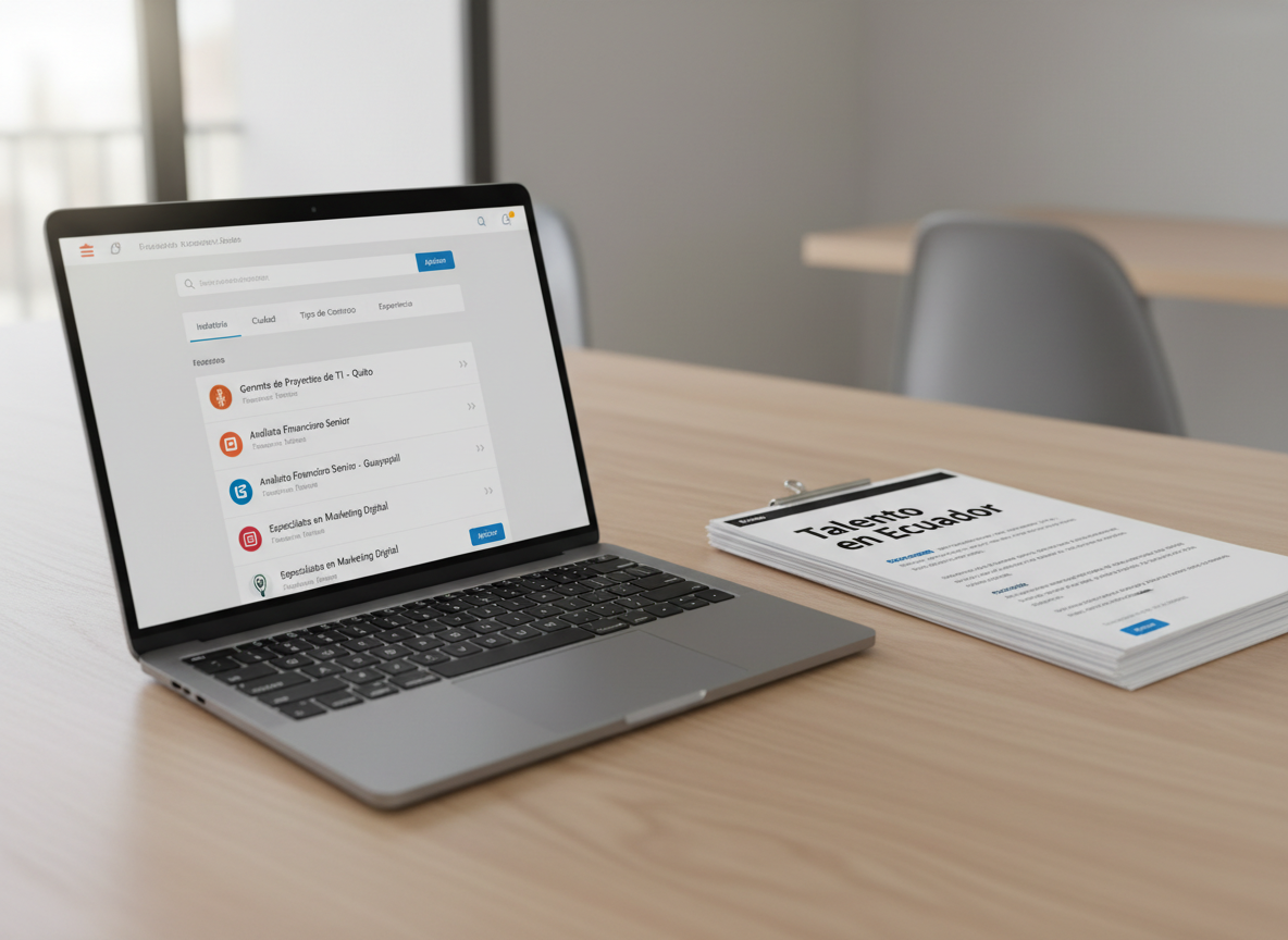 A sleek, modern workspace featuring an open laptop displaying a clean job search dashboard with filters and a list of professional roles in Ecuador, all rendered in Spanish. The laptop rests on a light oak desk with a subtle grain texture, beside an organized stack of printed CVs with neat typography and a bold “Talento en Ecuador” header. Soft daylight from a nearby window illuminates the scene, creating gentle reflections on the laptop screen and a calm, professional atmosphere. The background is softly blurred, showing a minimalist office with neutral tones. Photographic realism, eye-level composition with a slight angle, sharp focus on the laptop and documents, conveying clarity, trust, and efficiency in employment matching.